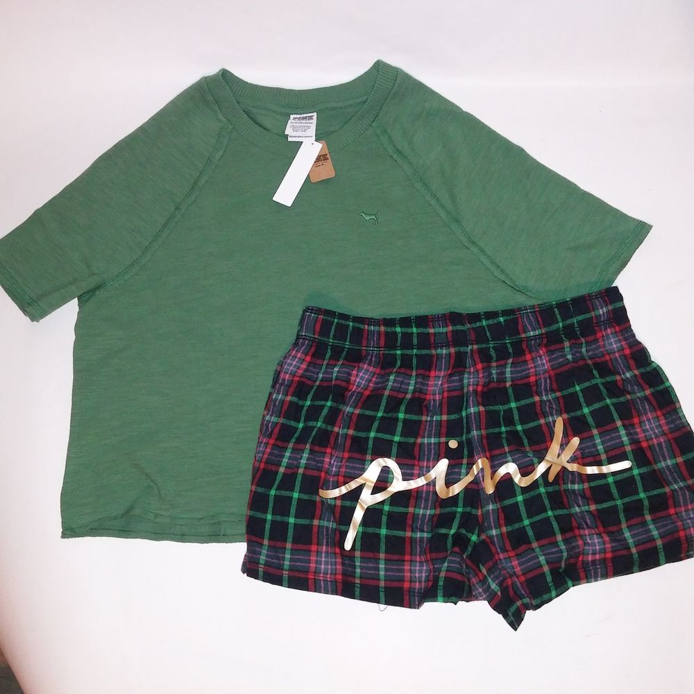 Victoria Secret PINK Pajama Set Short Sleeve & Shorts XS Green Black Red Logo Pl